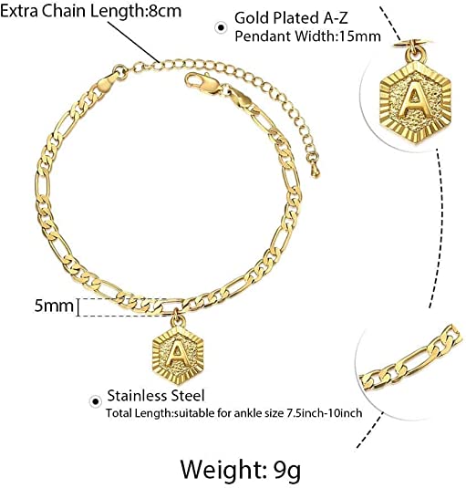 Hermah Letter Charm Anklet Fashion Jewelry for Women Girls Alphabet Initial Letter Anklet Figaro Link Chain Bracelet Length Adjustable