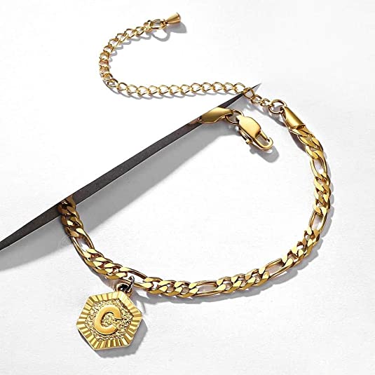Hermah Letter Charm Anklet Fashion Jewelry for Women Girls Alphabet Initial Letter Anklet Figaro Link Chain Bracelet Length Adjustable
