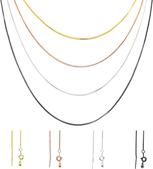 Set of 4 Necklace Chains, 14” - 24" of Adjustable Length, .8mm Box Chain, Customize Length Using Pin w/ Adjustable Slide Bead Feature. Includes Ring Clasp Closure. Gold Chain, Silver Chain, Rose Gold Necklace Chain and Black Chain Necklaces.