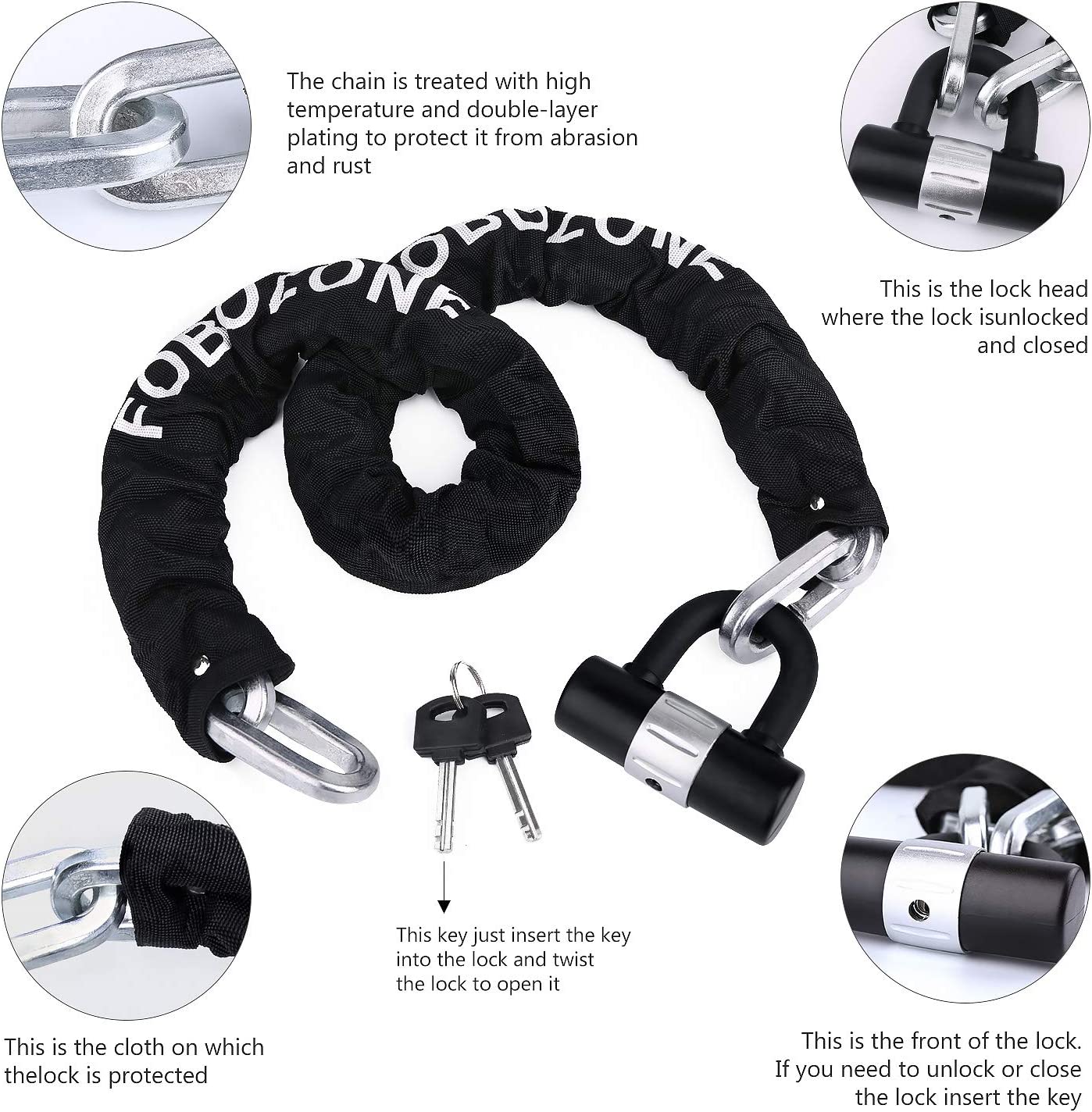 Heavy Duty Chain Lock, with U-Lock, Chain:120cm Length x 12mm Dia,Made of Manganese Steel, Non-Corrosive, Durable, Protector of Valuables