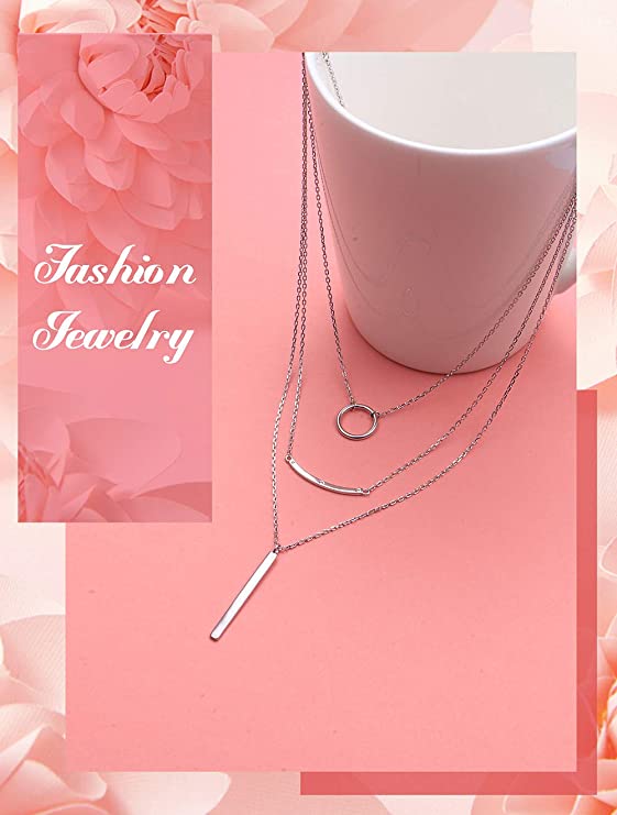 JZMSJF S925 Sterling Silver Layered Necklaces Multi 3 Layer Circle Bar Boho Long Triple Choker Pendant Necklace Jewerly Gift for Women