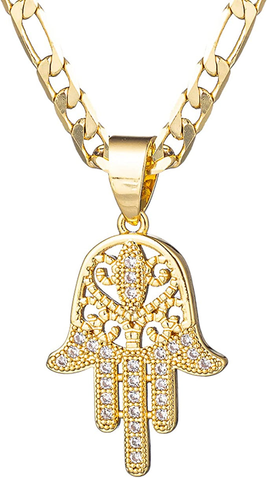 14K Gold Plated Hamsa Hand Pendant Necklace 3MM Flat Figaro Chain Necklace with Cubic Zirconia Inlay Hamsa Necklaces for Women Men Girls Boys