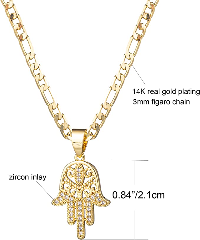 14K Gold Plated Hamsa Hand Pendant Necklace 3MM Flat Figaro Chain Necklace with Cubic Zirconia Inlay Hamsa Necklaces for Women Men Girls Boys