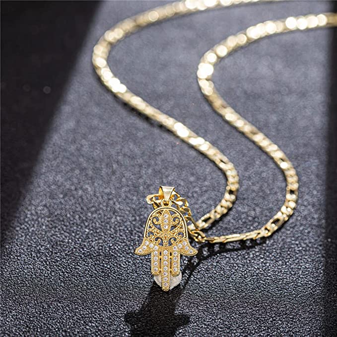 14K Gold Plated Hamsa Hand Pendant Necklace 3MM Flat Figaro Chain Necklace with Cubic Zirconia Inlay Hamsa Necklaces for Women Men Girls Boys